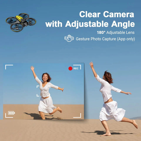 Kid Friendly Camera Drone With Built In 4.5 Inch Live Display Controller showcasing clear 180° adjustable lens capturing woman jumping in desert.