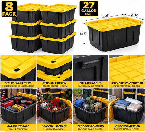 Rock Solid Heavy Duty Storage Totes With Secure Lids 27 Gallon 4 Pack Stackable Plastic Bins 100 Pound Capacity stacked black bins with yellow lids