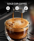 Freshly brewed coffee pouring from 20 Bar Espresso Machine, Stainless Steel Coffee Maker With Milk Frother Steam Wand, Silver.