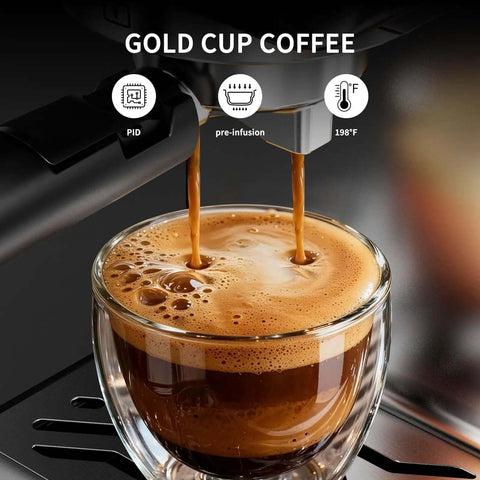 Freshly brewed coffee pouring from 20 Bar Espresso Machine, Stainless Steel Coffee Maker With Milk Frother Steam Wand, Silver.