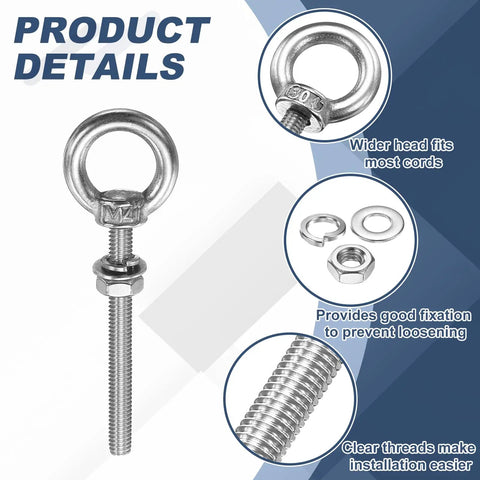 Top Shelf 304 Stainless Steel Eye Bolts M4 X 40mm Threaded Lifting Rings with Lock Nuts and Precision Flat Washers close-up view.