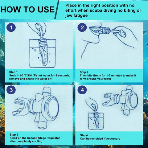 Steps to use Moldable Scuba Diving Mouthpiece For Snorkel And Regulator Replacement TPE Custom Bite Aqua Mouthpiece