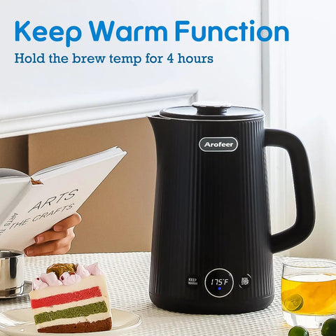 1.7L Large Electric Kettle With Temperature Control, black, shown in kitchen setting, keep warm function displayed.