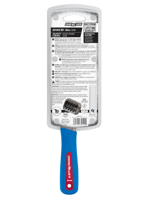 Back packaging of Six Inch WideAzz Adjustable Wrench with Beefy 75 Percent Wider Jaws, blue handle with product info.