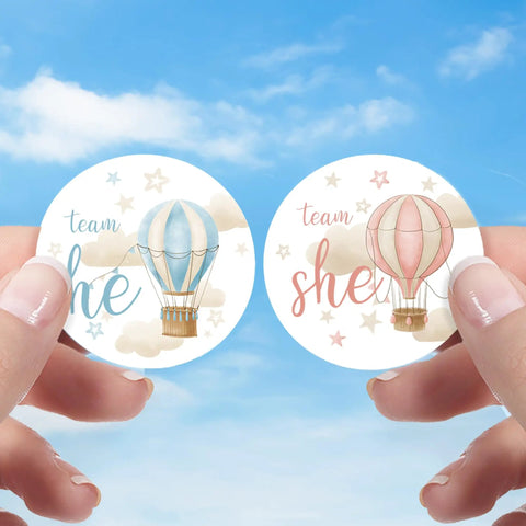 Person holding 40 Count Pink and Blue Hot Air Balloon Gender Reveal Stickers for Team He and Team She, 1.75 Inch Round Labels.