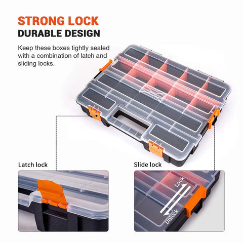 Stackable Hardware Tote Shelf Kit for Van Shelving Includes Three Plastic Organizer Totes and Holder, sturdy locking lid.