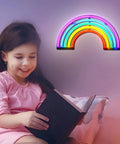 Girl reading under Rainbow Neon Light Sign For Bedroom LED Colorful Rainbow Wall Decor With USB Or Battery