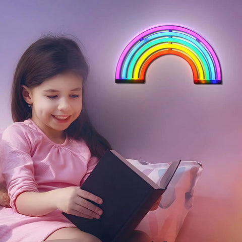 Girl reading under Rainbow Neon Light Sign For Bedroom LED Colorful Rainbow Wall Decor With USB Or Battery