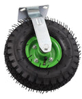 10 Inch Pneumatic Casters Set Of 4 Featuring 2 Swivel And 2 Rigid Heavy Duty air tires rubber wheels, green hub with metal bracket.