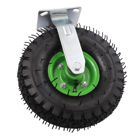 10 Inch Pneumatic Casters Set Of 4 Featuring 2 Swivel And 2 Rigid Heavy Duty air tires rubber wheels, green hub with metal bracket.