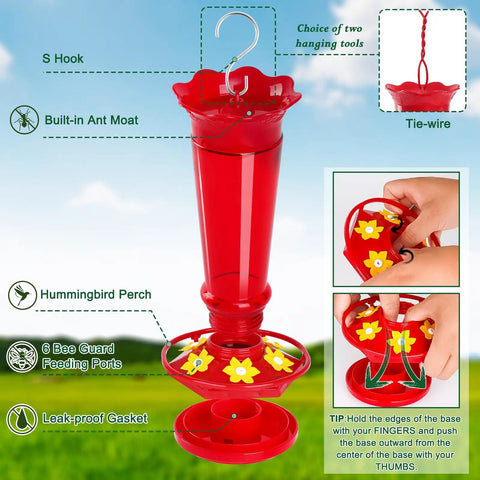 10 Oz Glass Hummingbird Feeder Set Two Pack For Outdoors Hanging Red Ant And Bee Proof With Six Feeding Ports
