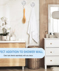 Clear Suction Cup Hooks Set Of 6 For Shower, Small Yet Mighty, holding towel and brush on bathroom wall