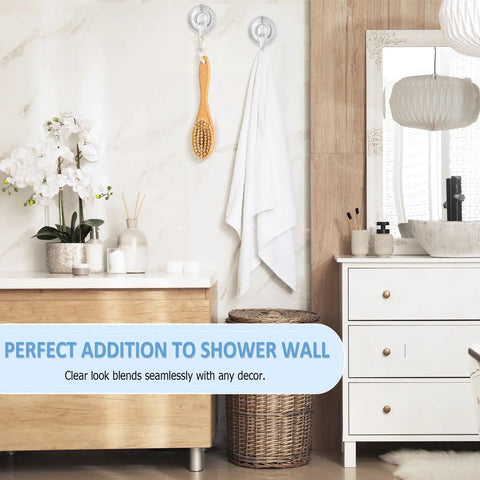 Clear Suction Cup Hooks Set Of 6 For Shower, Small Yet Mighty, holding towel and brush on bathroom wall