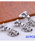 Top Shelf Stainless Steel Cabinet Hinges With Silky Smooth Soft Close Buffer 10 Pack half overlay on wooden surface.