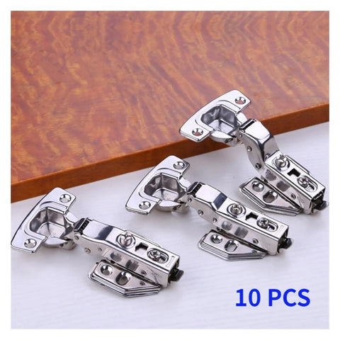 Top Shelf Stainless Steel Cabinet Hinges With Silky Smooth Soft Close Buffer 10 Pack half overlay on wooden surface.