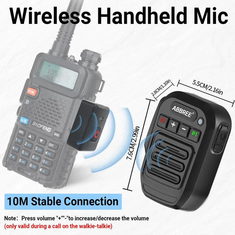 Wireless Handheld Speaker Mic For Baofeng 2 Pin Walkie Talkie showing connection and dimensions