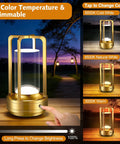 Rechargeable Cordless Table Lamp With Three Color Stepless Dimmer LED Metal Battery Operated Lantern For Indoor Outdoor Use