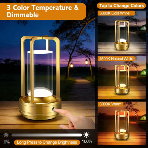 Rechargeable Cordless Table Lamp With Three Color Stepless Dimmer LED Metal Battery Operated Lantern For Indoor Outdoor Use