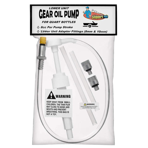 Lower Unit Gear Oil Pump For Outboard Motors Quick Fill With Standard Quart Bottles Three Eighths Inch Swivel Eight Millimeter And Ten Millimeter Adapters Delivers Eight CC Per Stroke For Clean No Fuss Marine Gear Lubrication package with adapters.