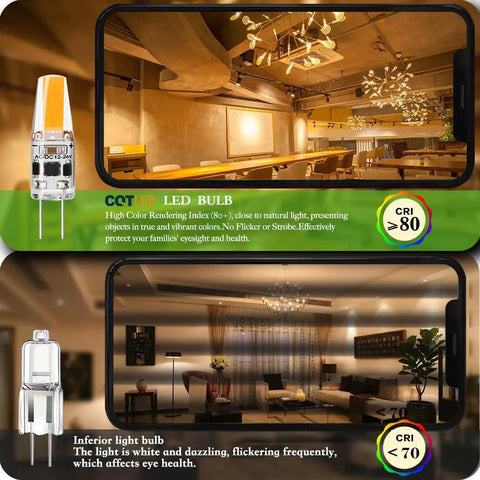 Comparison between warm white low voltage LED bulb and regular bulb in room lighting effects for Low Voltage LED Bulb 2W Warm White 3000K For AC DC 12V 24V JC Type Bi Pin G4 Base Dimmable Bright As 20W Halogen Energy Saving LED Light Bulb Six Pack