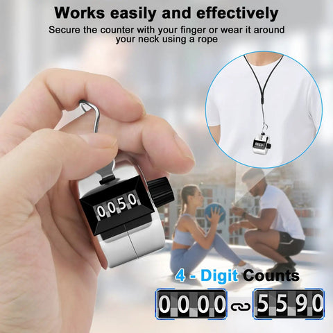 Real Deal Heavy Duty Two Pack Metal Tally Clickers In Bright Silver, shown in hand and worn around neck for easy tracking.