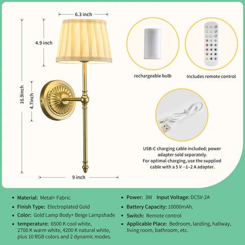 Slick Cordless Wall Sconces Set Of Two Packing All Day 10000 Mah Battery Life And Rgb Color Shift Lighting metal fabric gold housing dimensions 16.9x6.3 inches.