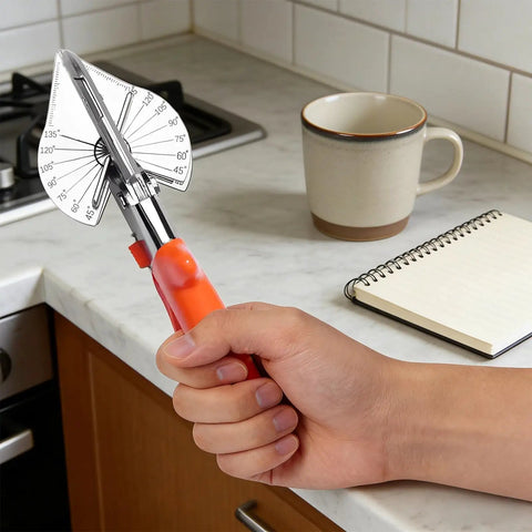 Hand holding Pro Grade Multi Angle Miter Shear Cutter with 8.3 Inch Blade, adjustable 45 to 135 degrees, bright orange handle.