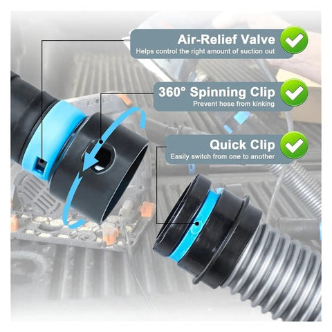 Heavy Duty 5 Adapter Woodworking Dust Collection Hose Kit With 10 Feet Flex Vacuum Hose, featuring air-relief valve and rotating joint.