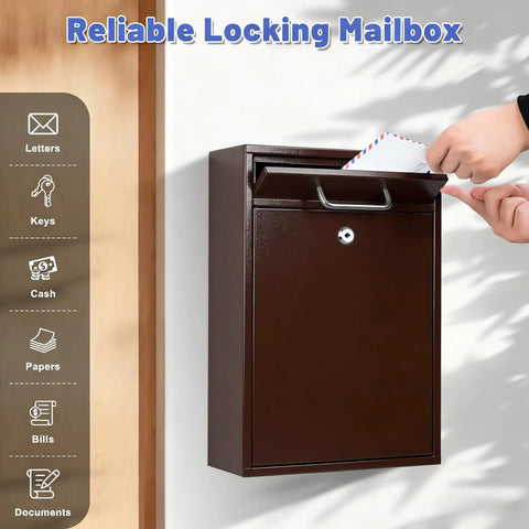 Heavy Duty Steel Key Lock Mailbox With Wall Mount Outdoor Drop Box For Home Office Or School Rust Resistant Bronze Finish