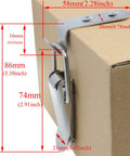 Stainless Steel 90 Degree Toggle Latch Heavy Duty Rust Resistant Cabinet Hardware attached to box, with measurements