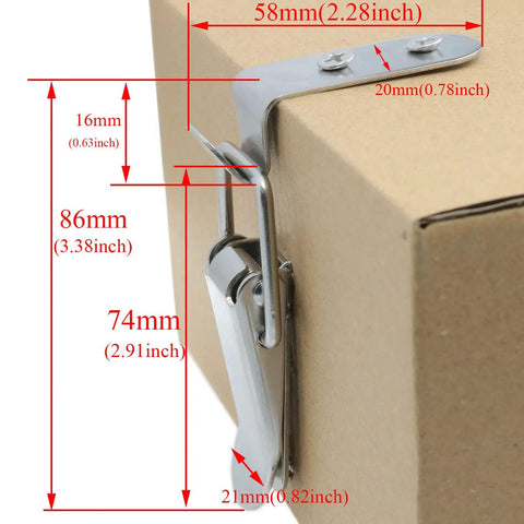Stainless Steel 90 Degree Toggle Latch Heavy Duty Rust Resistant Cabinet Hardware attached to box, with measurements