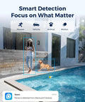 4K Wireless Outdoor Security Camera System With Solar Panel Kit Encrypted Local Storage detects person and animal by poolside.