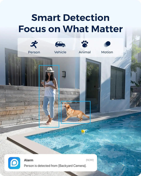4K Wireless Outdoor Security Camera System With Solar Panel Kit Encrypted Local Storage detects person and animal by poolside.