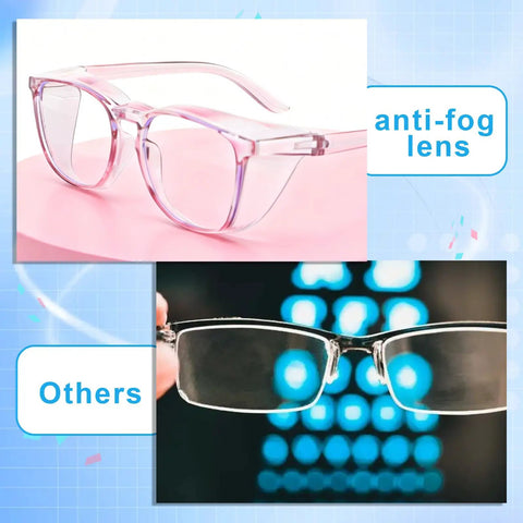 Women Anti Fog Safety Glasses Featuring Crystal Clear Protective Vision And Scratch Resistant Shields Built For Outdoor Cycling And Daily Tasks Delivers Zero Haze Clarity And Smooth Featherlight Comfort That Stays Secure On Your Face viewed from the side on a pink surface.