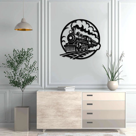 Locomotive Metal Wall Art In Black Finish For Indoor And Outdoor Decor 20 Inch Vintage Rustic Artwork on modern living room wall.