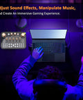 Person using Pro Gaming Audio Mixer Sound Board for PC and Phone with Three Point Five Millimeter Microphone Input DJ Effects Live Sound Card