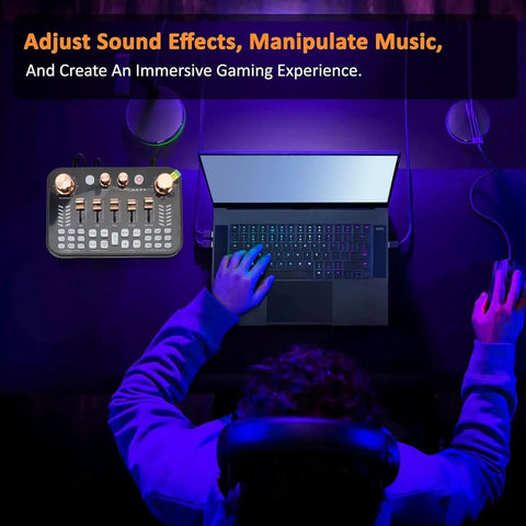 Person using Pro Gaming Audio Mixer Sound Board for PC and Phone with Three Point Five Millimeter Microphone Input DJ Effects Live Sound Card
