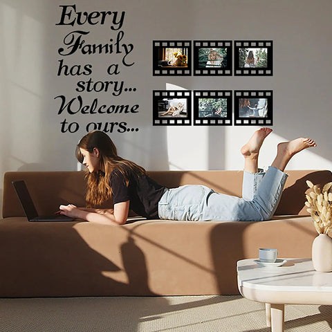Woman relaxing under Family Wall Decals Set For Living Room With Six 4x6 Inch Picture Frames, Inspirational Quotes, Two Sheets, Large 14.96 x 22.83 Inch Layout, Perfect Way To Display Your Favorite Moments.