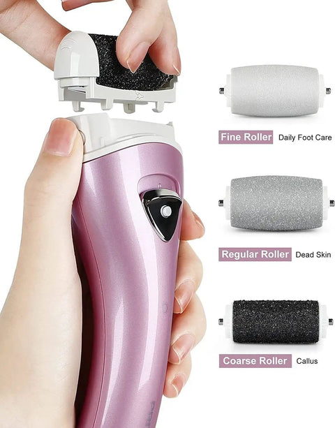 Cordless Rechargeable Electric Foot File And Callus Remover For Stubborn Dead Skin Care With Efficient Power Pedicure Tool, featuring interchangeable rollers.