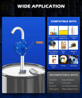 Heavy Duty Hand Crank Drum Pump Uses Adjustable Telescoping Suction Tube To Handle Five To Fifty Five Gallon Drums For Fast Oil And Fuel Swaps Zero Drama Guaranteed showing pump on steel drum.