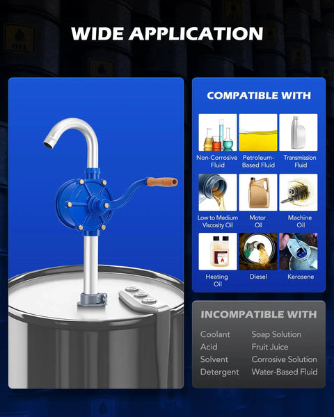 Heavy Duty Hand Crank Drum Pump Uses Adjustable Telescoping Suction Tube To Handle Five To Fifty Five Gallon Drums For Fast Oil And Fuel Swaps Zero Drama Guaranteed showing pump on steel drum.