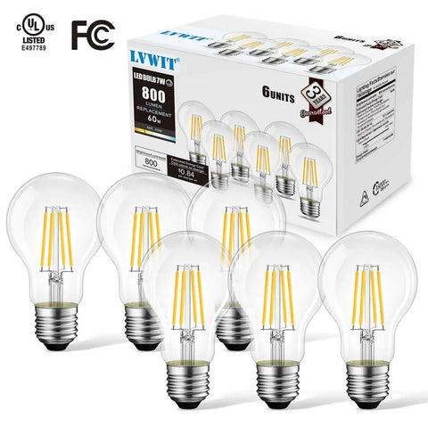 Pack of 6 Vintage Filament LED Bulb With E26 Base Dimmable 7W To 60W Equiv, 2700K Warm White, 800 Lumens box and bulbs