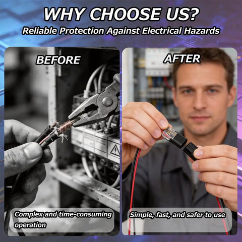 Before and after comparison of wire splicing with One Second Push In Wire Connectors With Locking Buckle Flame Retardant