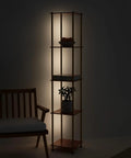 Gold Brass Floor Lamp With Wooden Shelf And Built In Wireless Charging Station Narrow Free Standing LED Column Tower
