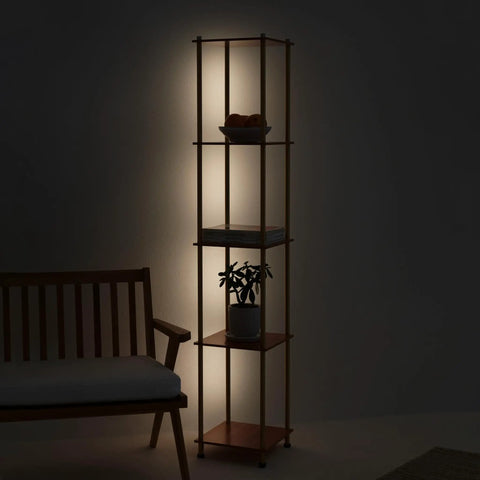 Gold Brass Floor Lamp With Wooden Shelf And Built In Wireless Charging Station Narrow Free Standing LED Column Tower