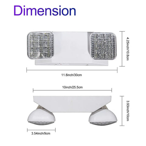 Dimensions of Emergency Lights With Battery Backup 2 Pack, Commercial LED Light Heads, Two Adjustable Fixtures, Durable ABS Shell