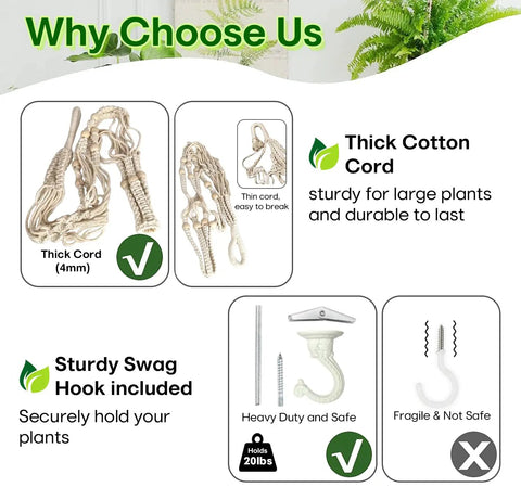 Extra Long 43 Inch Macrame Planter Hanger For 12 Inch Pots With Swag Hook Large Indoor Plant Display No Tassel Cotton Rope Beige XL No Pot Or Plant Included Sturdy 4mm Cord