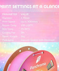 Panchroma Gradient Luminous Rainbow PLA Filament 1.75mm for 3D Printing 1kg spool with settings chart.