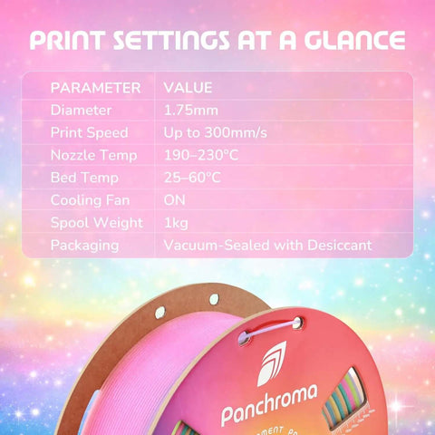 Panchroma Gradient Luminous Rainbow PLA Filament 1.75mm for 3D Printing 1kg spool with settings chart.