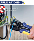 All In One Ferrule Crimping Tool Kit With Built In Automatic Wire Stripper And Ferrule Crimper For AWG 24 10 And AWG 23 7 Wires That Makes Wiring A Breeze being used on blue wire